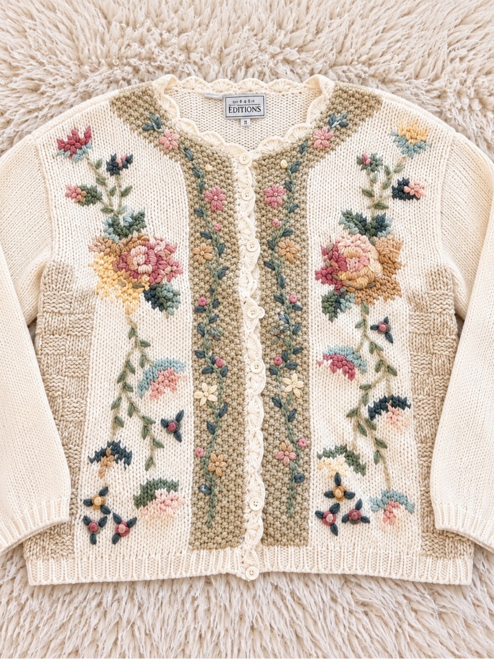 VTG Embroidered Knit Cardigan XL Cottagecore Sweater Embroidered Grandmacore